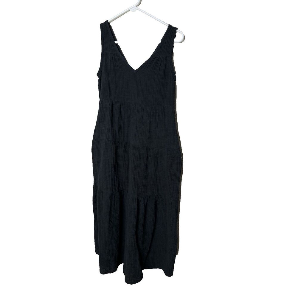 MARINE LAYER Black Gauze Tiered Midi Dress Sleeveless V Neck Pockets XS
